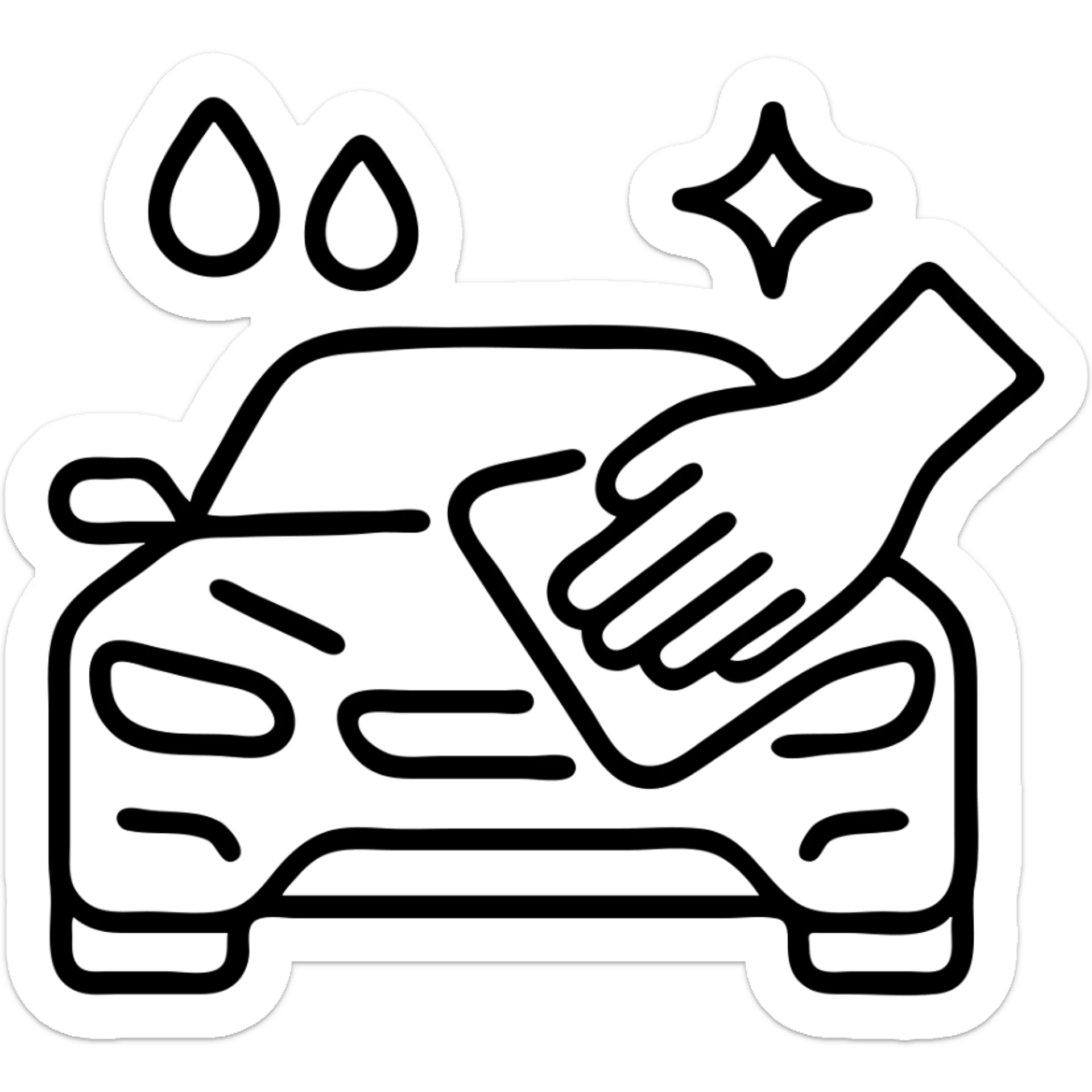 outlined icon of a high-end car with a hand wearing a black glove cleaning the hood, water drops, shine, silver and white details, smooth motion lines, modern and clean sticker