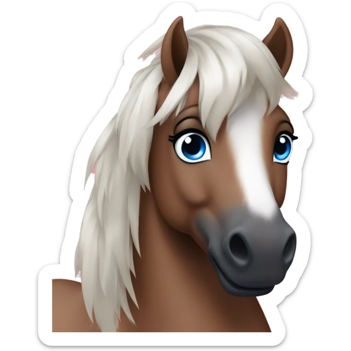 Pony Brown and White with Blue eyes and black haïr and pink nose sticker