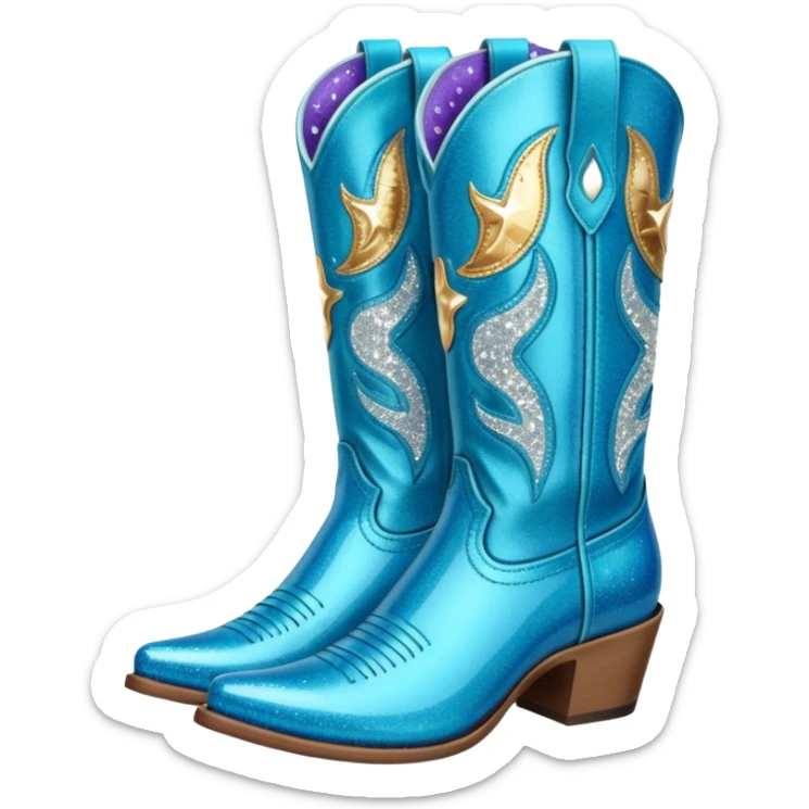 Realistic  blue fashion cowgirl boots with sparkly shiny glitter  sticker