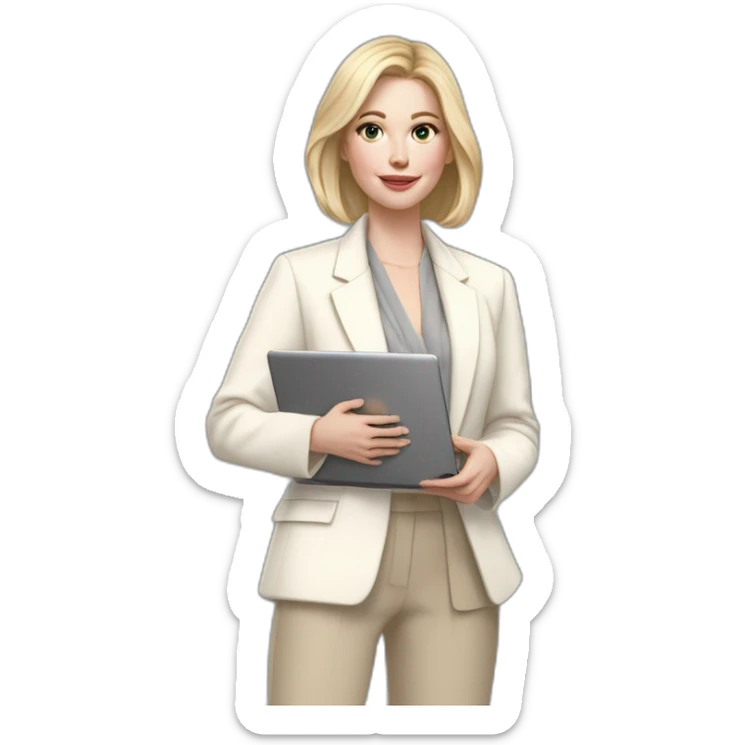 pale skin woman with ash blonde Straightened bob Hair, White Spacious classical jacket, beige palazzo Arrow pants and gray blouse holding a MacBook in the hands sticker