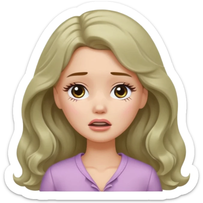 A white Barbie girl with long dark brown wavy hair in pale olive clothes crying sticker