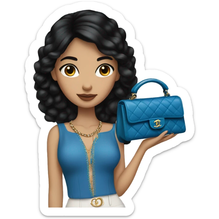 Spanish girl, straight black hair, blue eyes, Chanel handbag in hand sticker