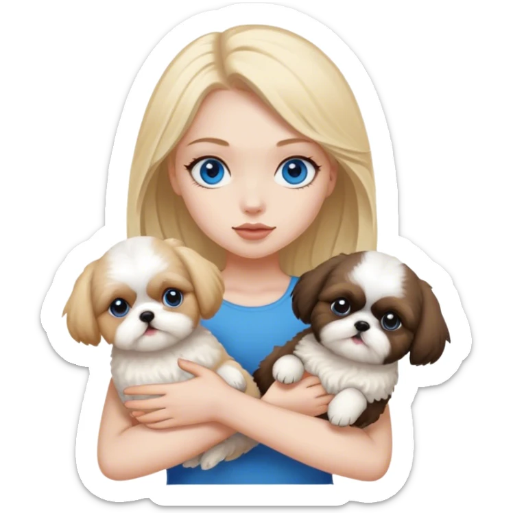 Blonde girl with pale skin and blue eyes  holding 2 Shih tzus one tan and one all black  sticker