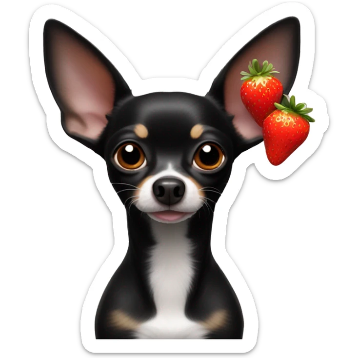 Long black chihuahua with a white mouh and dash under ears and a strawberry in its mouth sticker