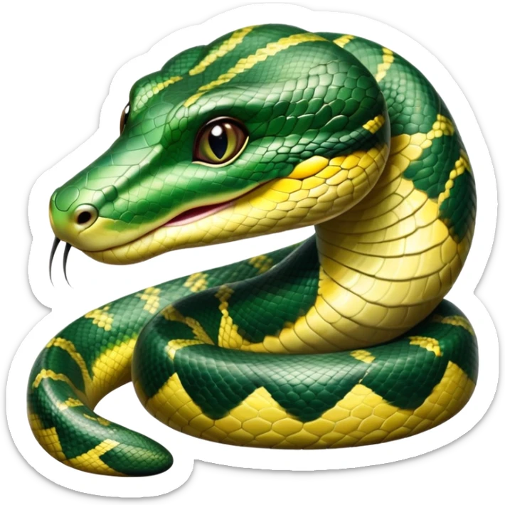 cinematic-cute-Green anaconda-portrait-emoji,-head-tilted-playfully-and-inquisitively,-with-a-sleek,-shimmering-body-adorned-with-detailed-scale-sriped patterns-and-round,-sparkling-eyes-full-of-wonder,-simplified-yet-irresistibly-adorable-features sticker