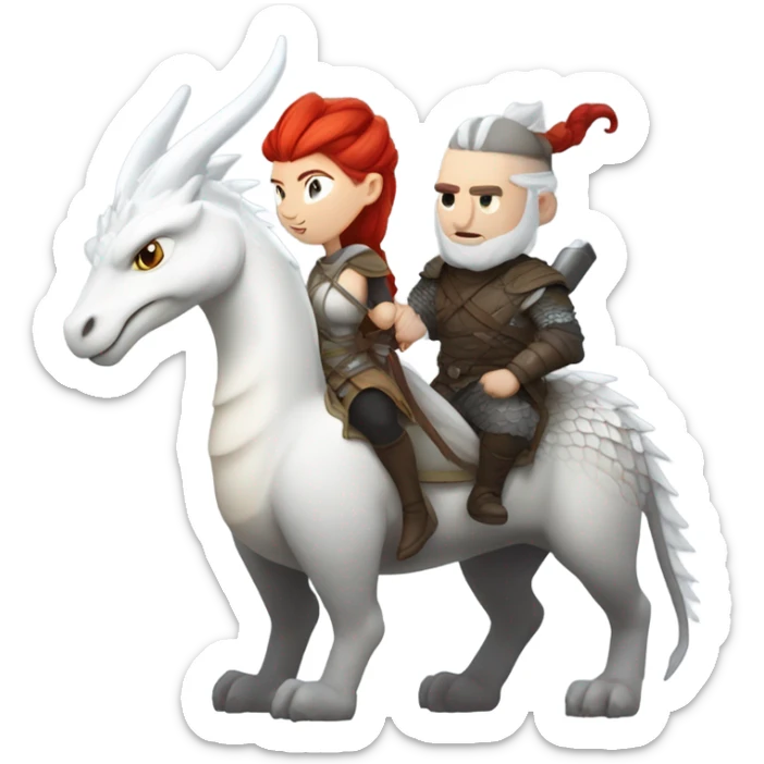 White Viking red head pale skin beautiful dragon  queen with a Viking solder with a gray man bun built white solder on a dragon  sticker