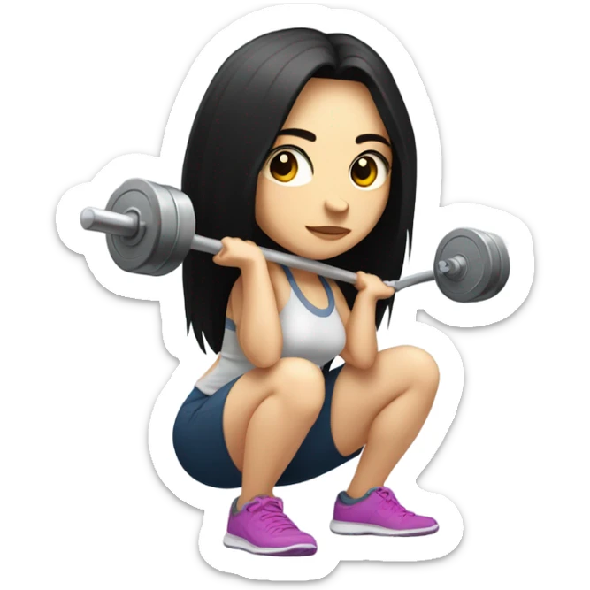 Pale girl with long black hair squatting weight, with laptop  sticker
