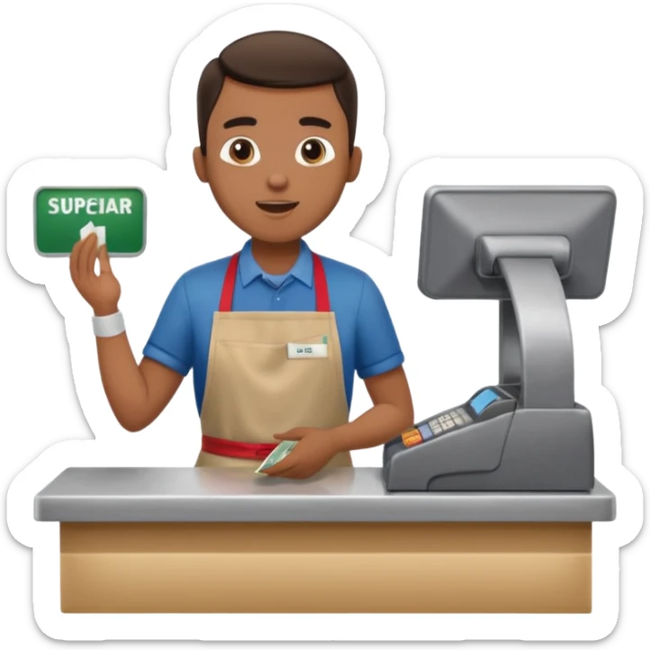 Supermarket employee at a cash register, full body, serving a man surprised sticker