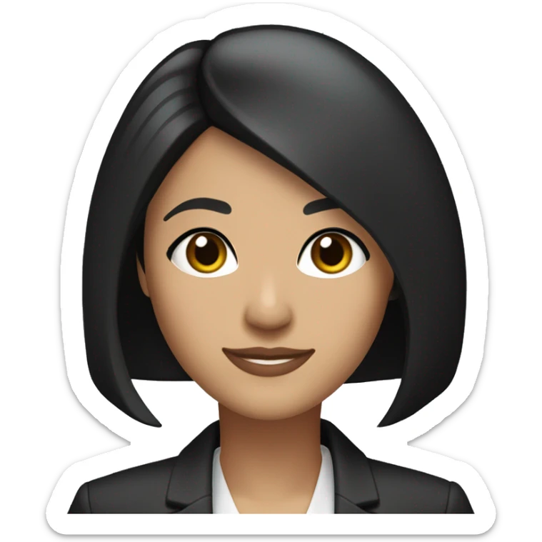 black hair ,customer serice staff, with straight, dark shoulder-length hair styled in a sleek bob. She has large, expressive brown eyes with prominent eyelashes and a subtle, friendly smile. Her attire includes a dark blazer professional sticker