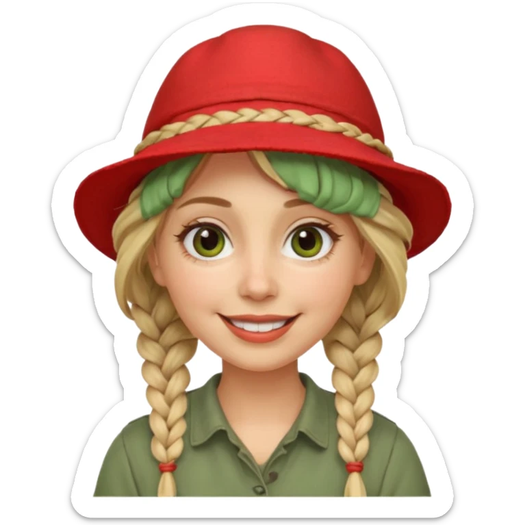 messy green clay mask and red tourist hat blond braided woman big eyes smiling sticker