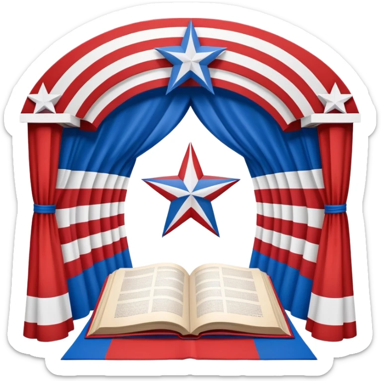 Theater scenography book with pages forming the Puerto Rican flag design, red and blue stripes with white star, showing stage elements and set designs sticker