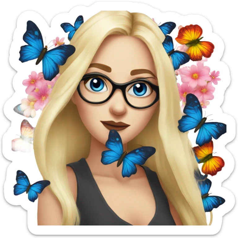 Gorgeous flowing blonde lady blue eyes with flowers and butterflies wearing glasses  sticker
