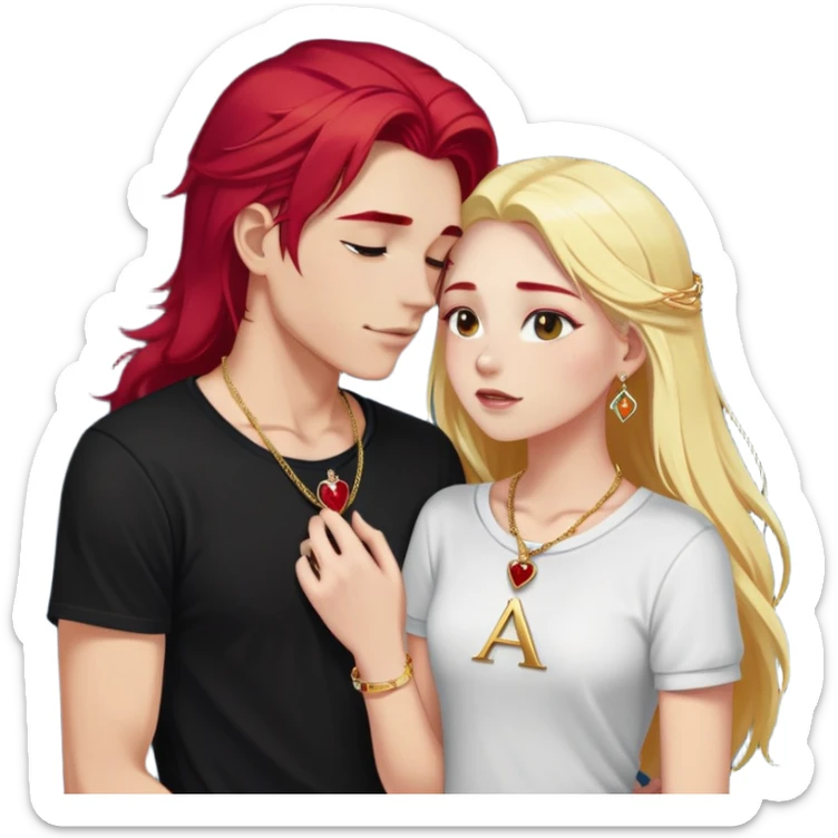 young 20 year old couple kissing, girl with long cherry red hair and blonde eyebrows wearing gold necklace with letter A, diamond gold ring, red bracelet and light clothes, boy with pure snow white hair wearing dark t-shirt and silver ring with black stone sticker