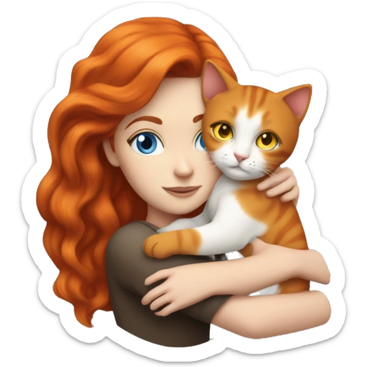 Realistic white girl dark red hair and blue eyes hugs a orange cat  sticker