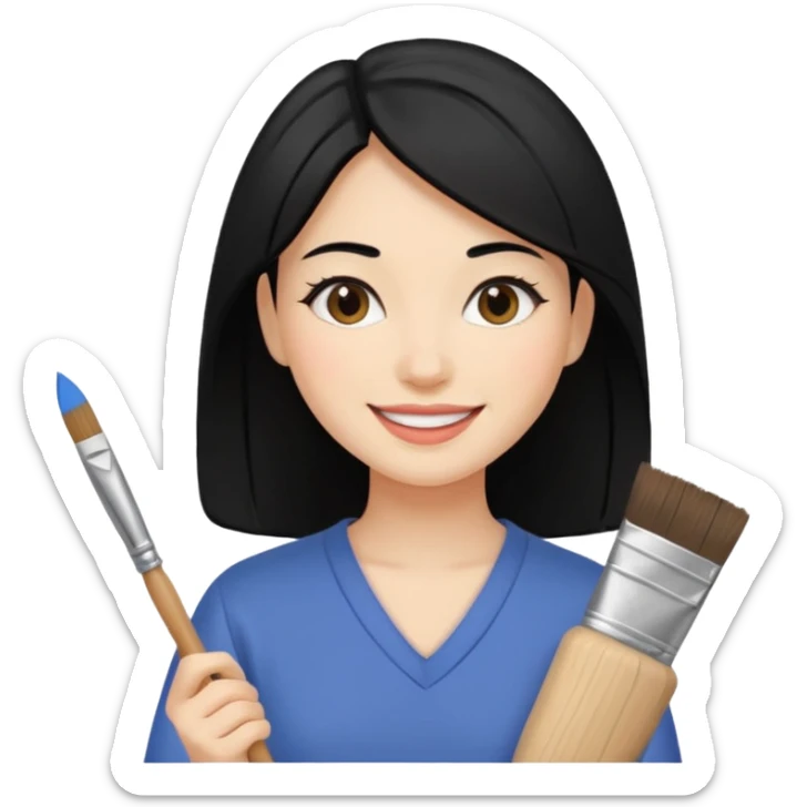 Painting Hold. Women painting smilling  black hair sticker