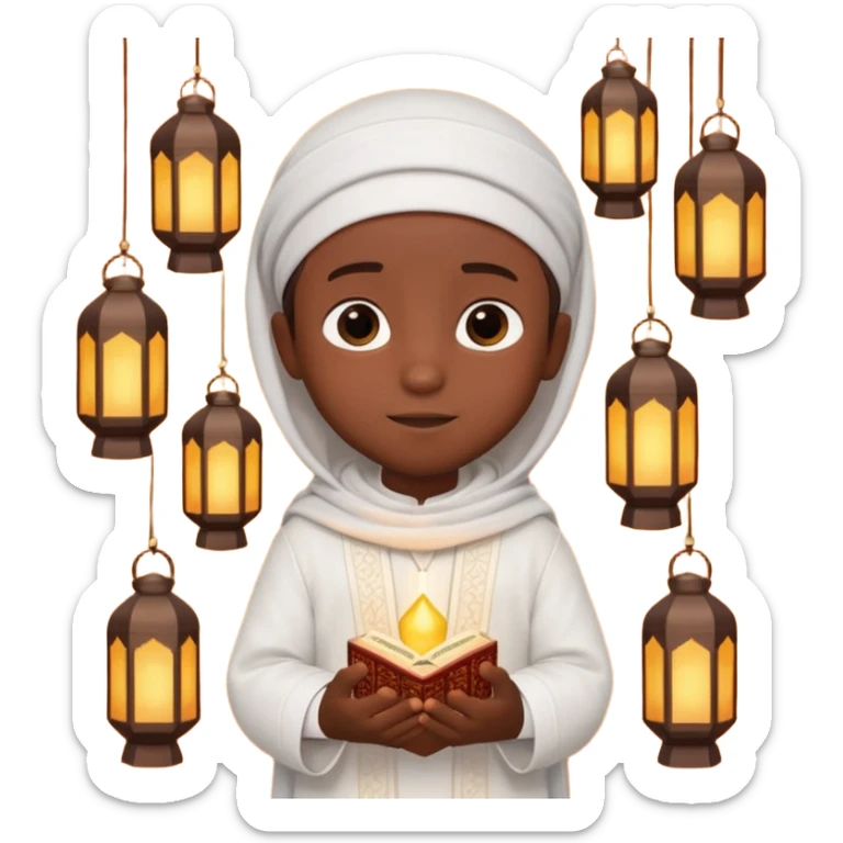Personnage 3D mignon en style Pixar, un petit garçon portant un qamis blanc et un kufi, tenant un tapis de prière, entouré de lanternes brillantes, fond doux, couleurs chaudes, garçon teint noir sticker