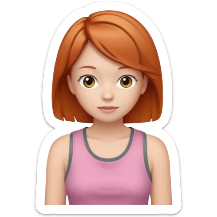 Create emojis of a girl with ginger hair and a hime haircut, gray eyes. She's wearing a pink tank top and a brown sweatshirt. sticker