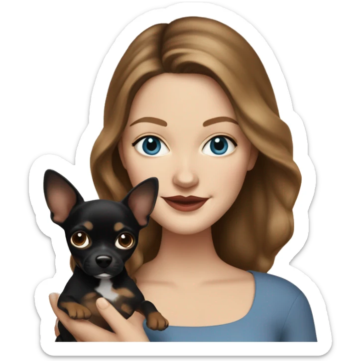 Drew Barrymore Lookalike, brunette with blue eyes holding a black and brown chihuahua sticker