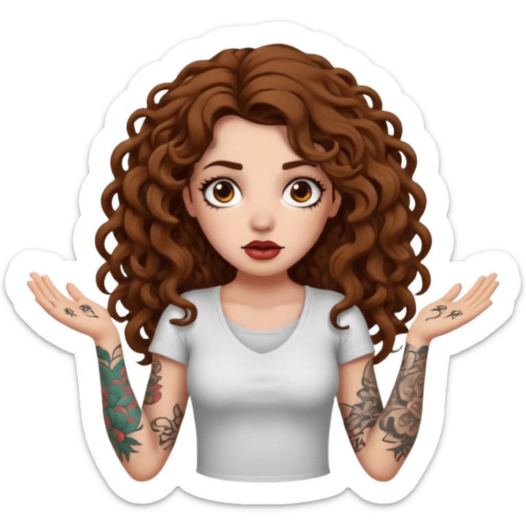 woman with long curly brown hair, brown eyes, white skin, tattoos, shrugging while reality melts like bark sticker
