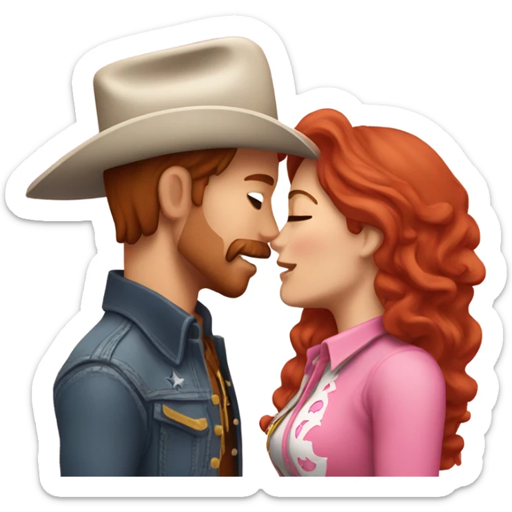 Cowboy with brown hair kissing cowgirl with red hair wearing pink sticker