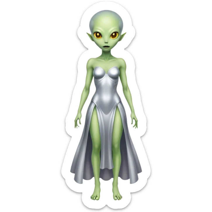 alien woman light green skin in silver dress Yellow eyes, full body  sticker