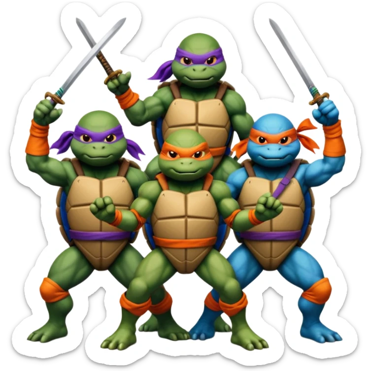 Give me a picture of 4 teenage mutant ninja turtles. Make them hold a fighting pose. One should be red, another orange, another purple, another blue sticker