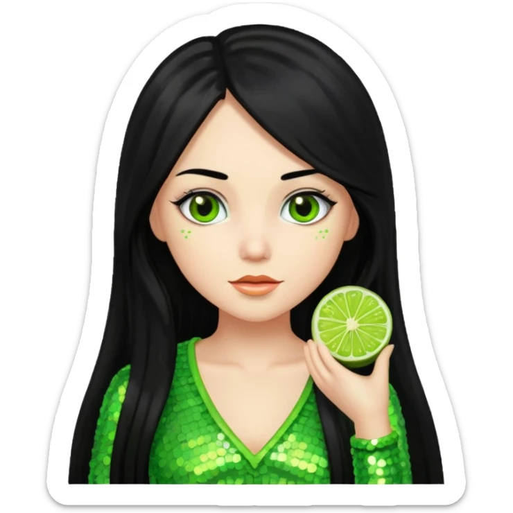 Verona from Van Helsing with long black hair, lime green sequin outfit sticker
