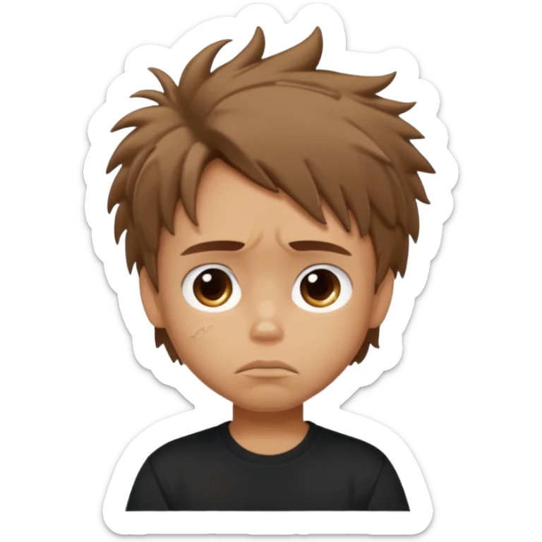 generate a pretty tan bratz boy with brown messy hair looking sad. Wearing a black tshirt sticker