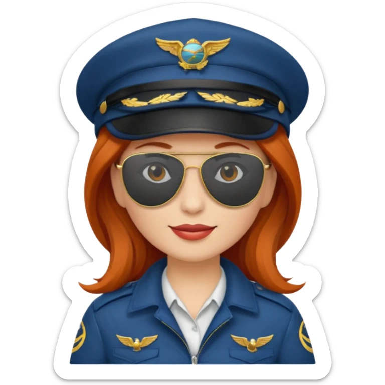 pilote d'avion femme rousse avec sunglasses et chapeau de pilote sticker