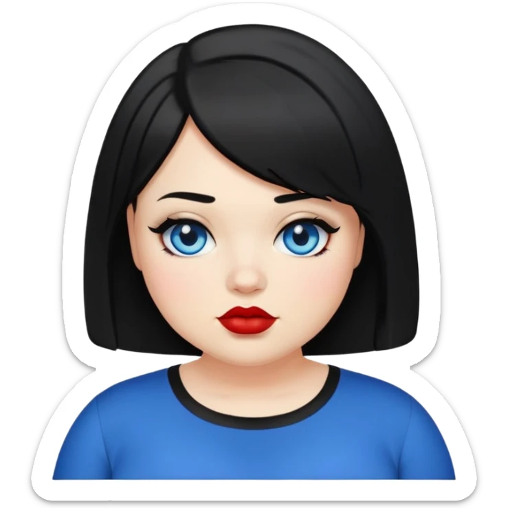 plus size teenage girl with a black bob haircut, side parted, blue eyes, black eyeshadow, red lipstick, wearing a black shirt, emoji style sticker