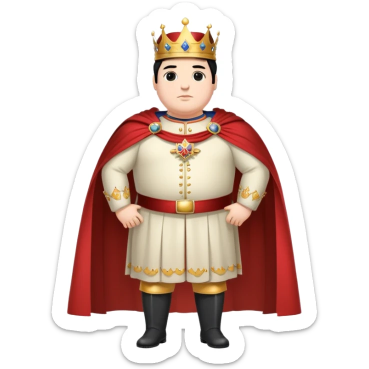 Full body of tall, chubby Francisco I with black hair, royal king standing in royal attire with crown and cape, elongated figure sticker