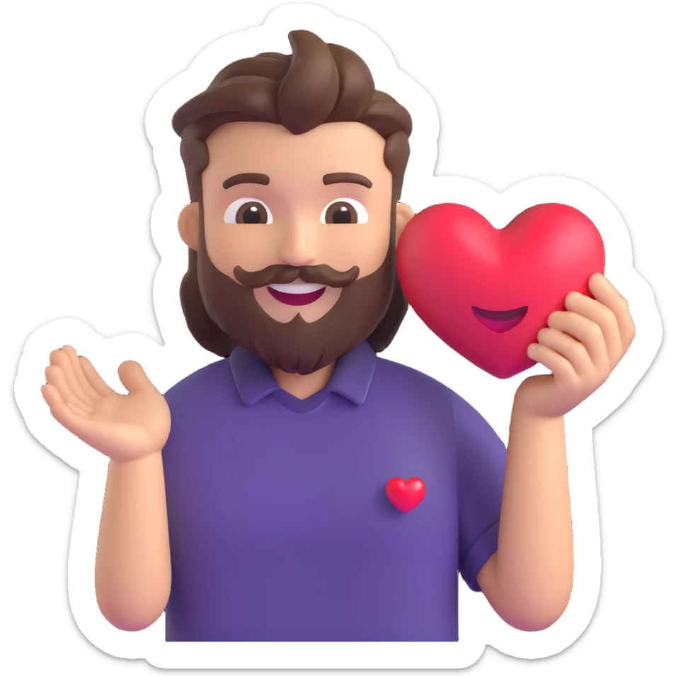 Create a 3D emoji style sticker of the character holding a red heart in both hands in front of him, with a light smile on his face. The character should resemble the reference image with a similar hairstyle, beard, and shirt. The overall look should be friendly and warm. sticker