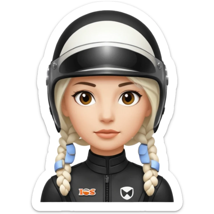 woman with white braided hair in black racer helmet sticker