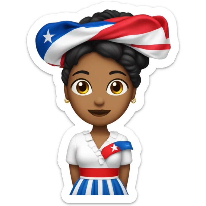 Mujer con vestido echo de la bandera cubana, pelo negro y corto y piel blanca, con un pañuelo rojo en la cabeza sticker