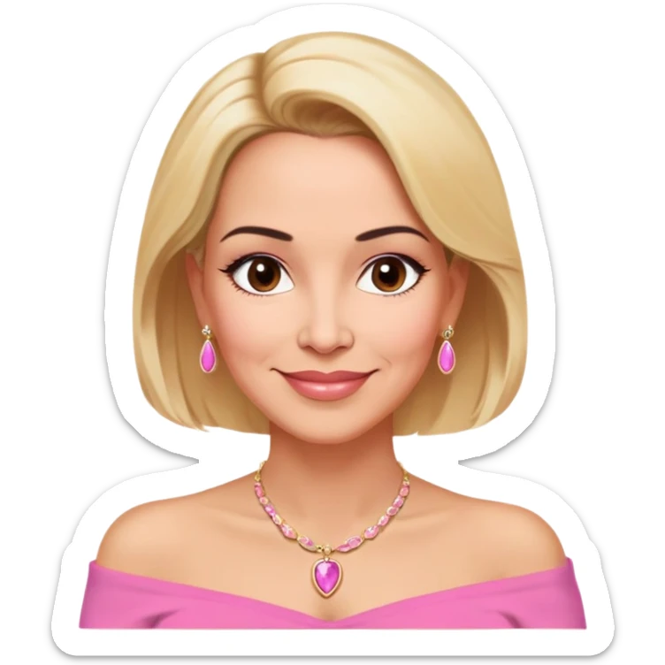Puerto Rican actress Linette Torres in her 50s with warm light skin, sweet loving expression, gentle kind eyes, well-defined eyebrows, straight nose, warm smile, shoulder-length blonde hair, wearing a pink off-shoulder strapless top and a necklace sticker