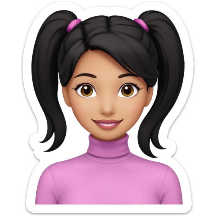 a woman with long sleeve turtle neck top and smile, her hair is long black pony tail, her eyes color are black and the color of her lip is soft pink sticker