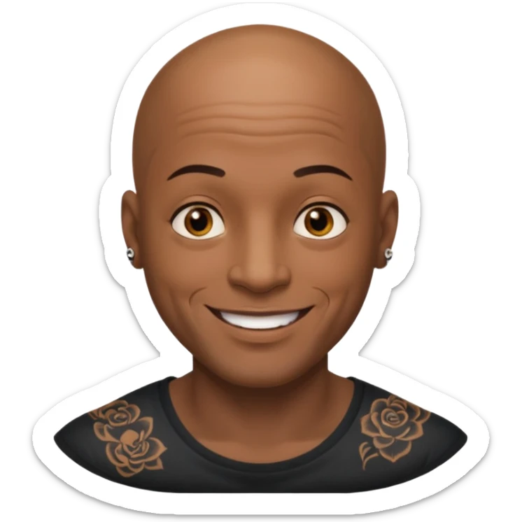 This is a cartoon-style avatar of a bald man with dark skin, golden-brown eyes, and several tattoos on his face, smiling with a friendly expression. sticker