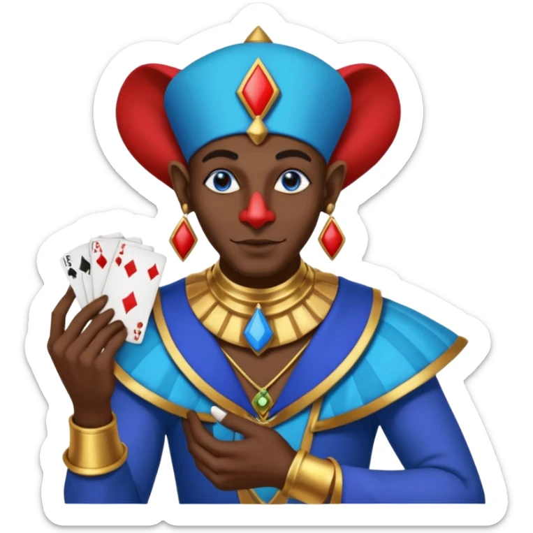 crazy colorful egyptian anubi jolly joker from poker, medieval, vintage, court jester, mac os icon, blue color, holds a single poker card on the right paw sticker