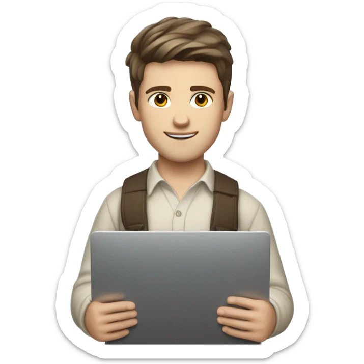 A young Caucasian male with brown hair and brown eyes, sporting a stylish Scandinavian mid-split haircut. Holding a laptop. sticker