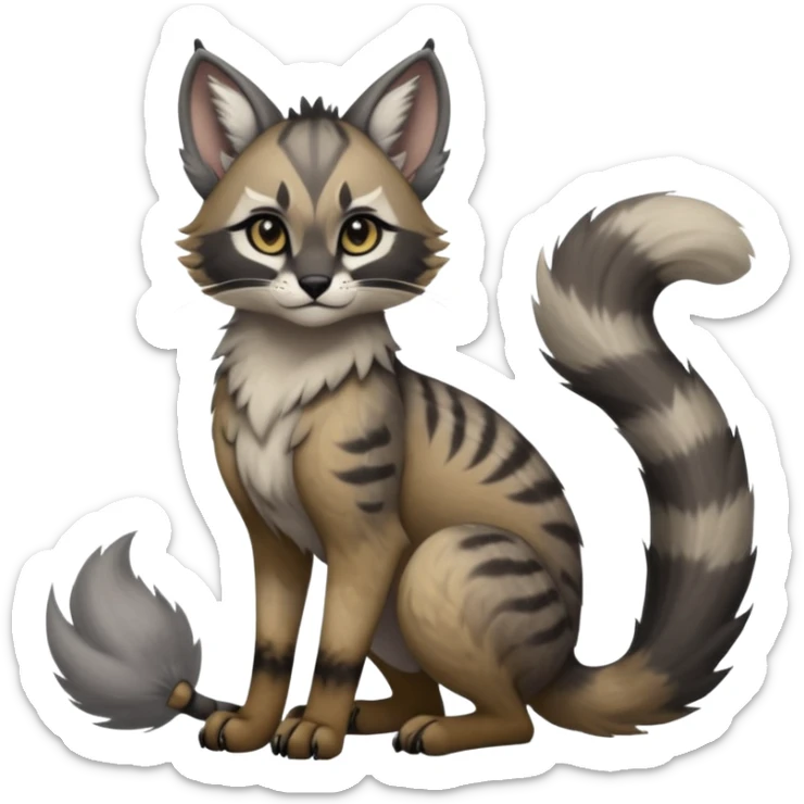 Cute kawaii cool edgy badass  ashen grey fur with smoky charcoal ombré fade fantasy-caracal-civet-genet-sergal-vernid-Gryphon-Cacomistle-Trico-oncilla-animal-Fakémon-hybrid-fursona (full body), facial markings, (realism style) sticker