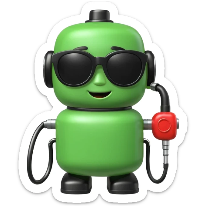 A cute 3D icon of a green gas pump character wearing oversized black sunglasses. Round and chubby proportions, glossy toy-like texture, soft pastel lighting, friendly expression, smooth edges, high-quality render, isolated on a transparent background. sticker