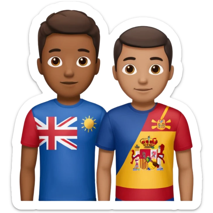 2 male Best buds , one in showing Philipine flag tshirt, one is Spain, in UK flag background sticker