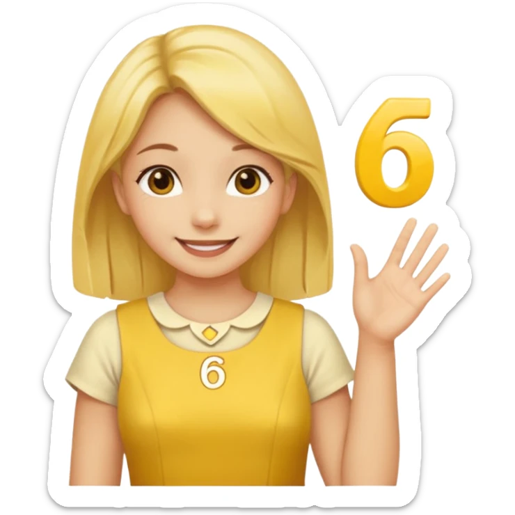 yellow smiling face girl with one hand flat under chin. With the number 6 on the left hand and the number 7 on the right hand sticker