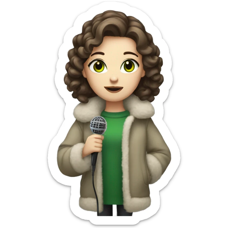 girl with white skin short brown hair and green eyes holding a microphone wearing a fluffy coat sticker