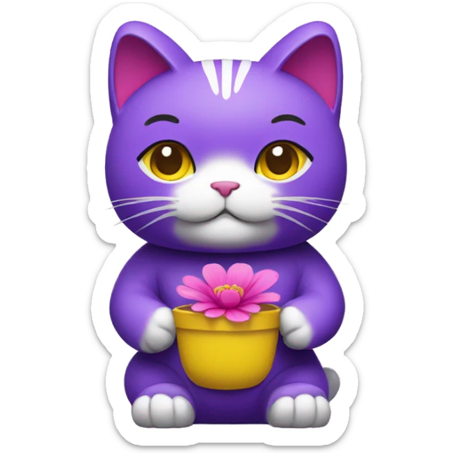 Purple maneki neko in a yellow T-shirt with a pink flower on his head sticker