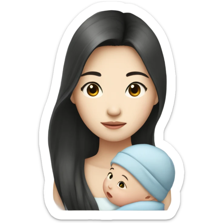 Long hair pale skin asian with dark eyes with infant baby  sticker