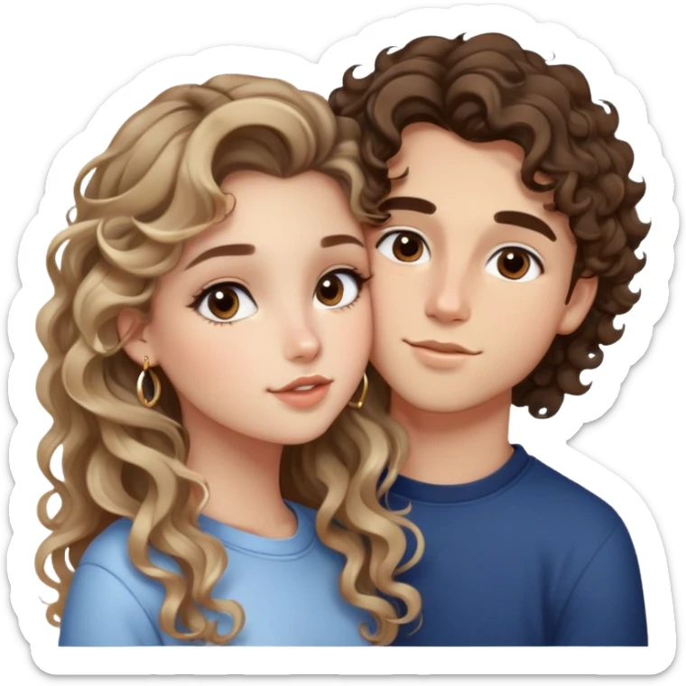 cute girl (long brunette balayage curly/wavy not voluminous hair, brown eyes, hoop earrings, natural pretty clean makeup): kissing on the cheek a cute boy (blondish straight hair and brown eyes and a cute face) sticker