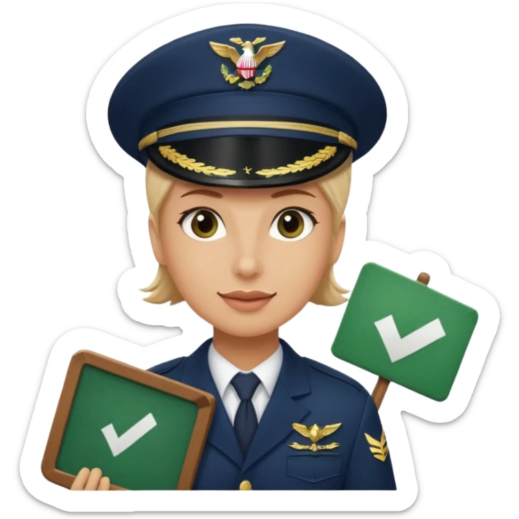 Slack-style emoji of a pilot wearing a slightly tilted navy captain hat holding a green board with a white check mark sticker