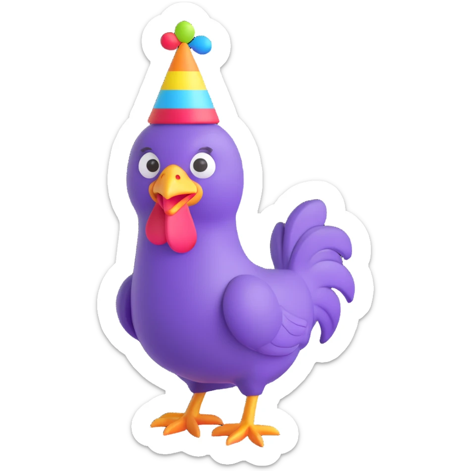 Make the chicken purple, similar to the hendance emoji in Microsoft Teams, and add a colorful party hat. Keep the style consistent and background transparent. sticker
