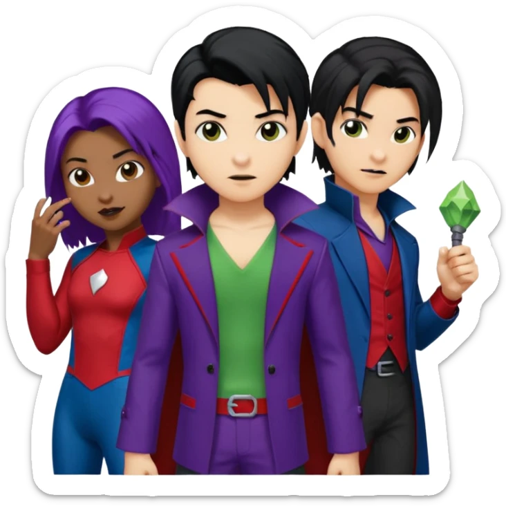 Solo poly platonic relationship, one African girl, one Asian boy, one biracial features Asian tomboy girl rat-tail hair long and upper masculine hair 90s, vampire and marvel cosplay elements inspired  use marvel colours, like instead of obvious human, green purple blue etc,  sticker